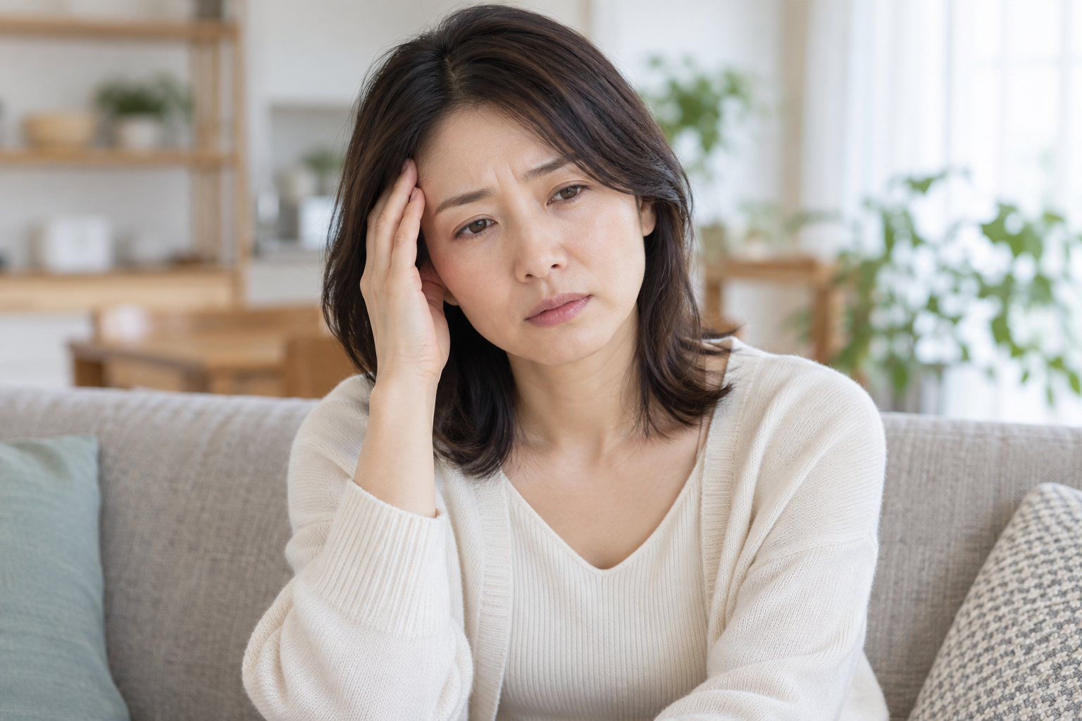 体調がすぐれずソファに座る女性のイメージ写真